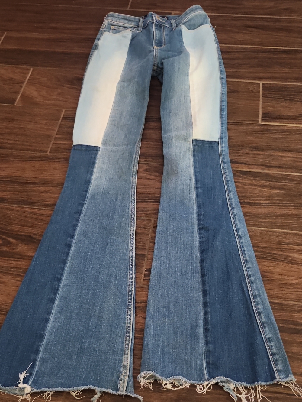 Hollister Two-Tone Patchwork Flare Jeans - Light & Dark Blue
